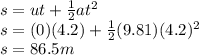 s =  ut +  \frac{1}{2} at {}^{2}  \\ s = (0)(4.2) +  \frac{1}{2} (9.81)(4.2) {}^{2} \\ s = 86.5m