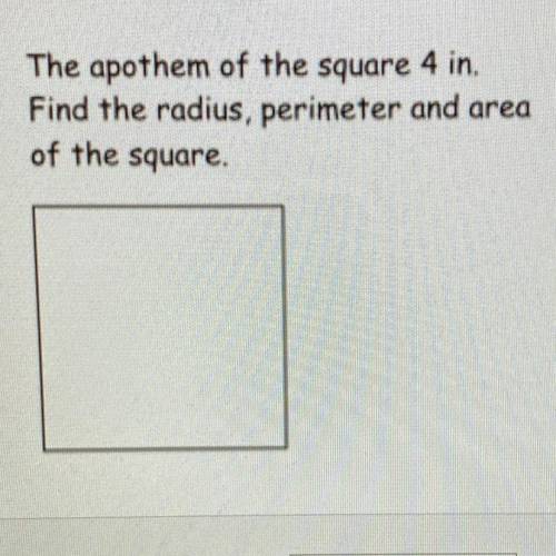 The apothem of the square 4 in. Find the radius, perimeter and area of the square.