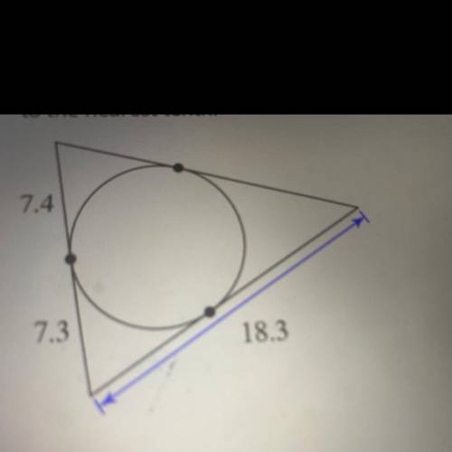 Find the perimeter of the triangle. Assume that lines which appear to be tangent are tangent. Round