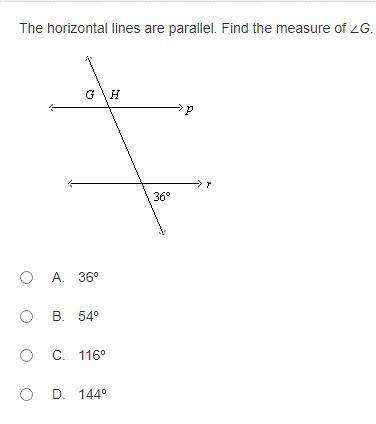PLS HELP 
the horizontal lines are parallel. Find the measure of ∠G.