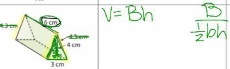 The formula is V=BH Base= 1/2BH Solve ---