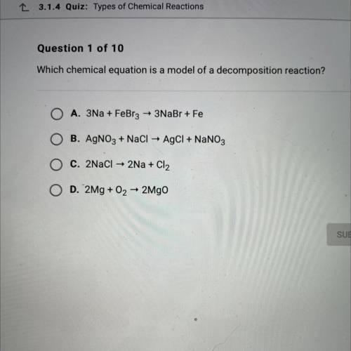 Which chemical equation is a model of a decomposition reaction?