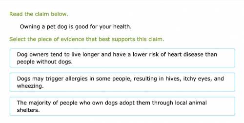 Read the claim below.

Owning a pet dog is good for your health.
Select the piece of evidence that