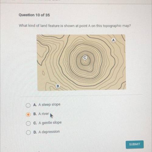 What kind of land feature is shown at point A on this topographic map?

А
A. A steep slope
B. A ri
