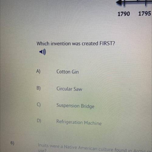 Which invention was created FIRST?

A)
Cotton Gin
B)
Circular Saw
C)
Suspension Bridge
D)
Refriger