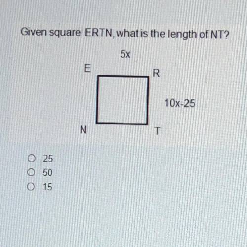 Given square ERTN, what is the length of NT?