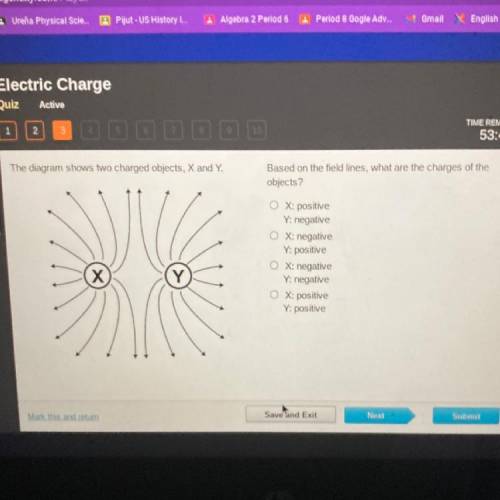 The diagram shows two charged objects, X and Y.

Based on the field lines, what are the charges of