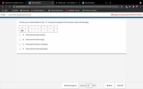 Function g is a transformation of f(x) = 2x. Compare the graphs of the functions. Select all that a