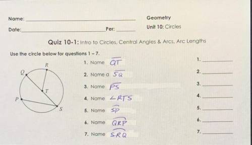 I need help on Quiz 10-1 Intro to Circles. I need assistance on questions 1 through 7