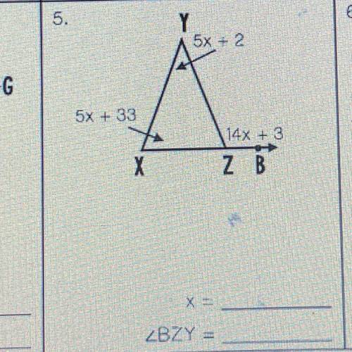 Write and solve an equation to find the value of x and a missing angle in each triangle below.