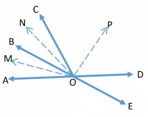 OM, ON, and OP are the angle bisectors of ∠AOB, ∠BOC, and ∠COD respectively. ∠AOD and ∠BOE are stra