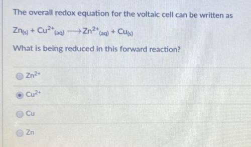 The overall redox equation for the voltaic cell can be written as ^^^. What is being reduced in thi