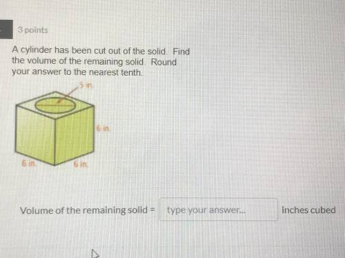 A cylinder has been cut out of a solid. Find the volume of the remaining solid. Round answer to the