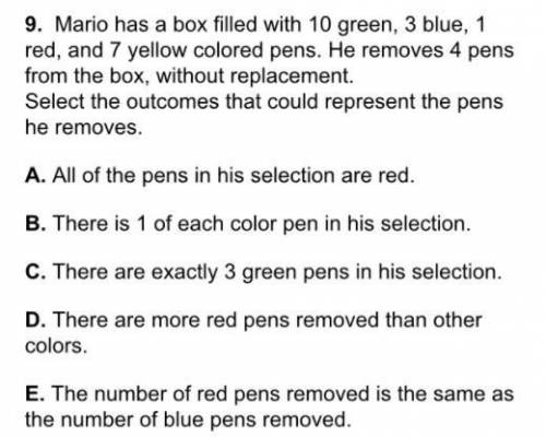 Mario has a box filled with 10 green, 3 blue, 1 red, 7 yellow colored pens. He removes 4 pens from