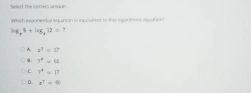 Select the correct answer.

Which exponential equation is equivalent to this logarithmic equation?