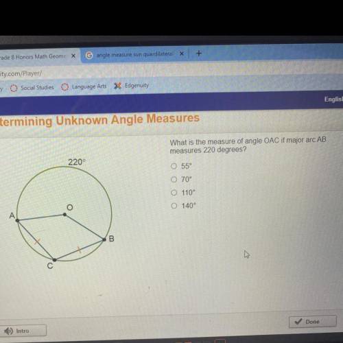 HELP ASAP

What is the measure of angle OAC if major arc AB measures 220 degrees?
A. 55
B. 70
C. 1