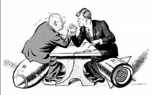 This is a picture of / cartoon depicting Kennedy and Khrushchev during the Cold War.

Write a 6 wo