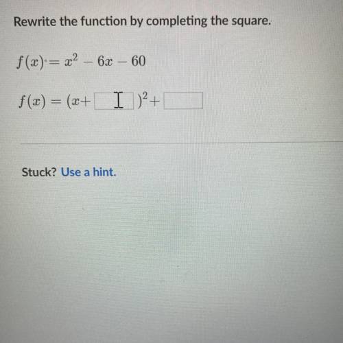 HELP ASAP!!

Rewrite the function by completing the square
f(x) = x^2 - 6x - 60 
f(x) = (x+ ___)^2