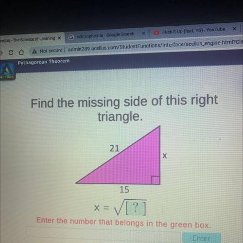 Please help

Find the missing side of this right
triangle.
21
х
15
X =
= V[?]