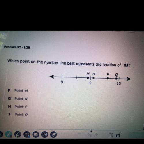 Problem #2 - 8.2B

Which point on the number line best represents the location of 98 ?
F Point M
G
