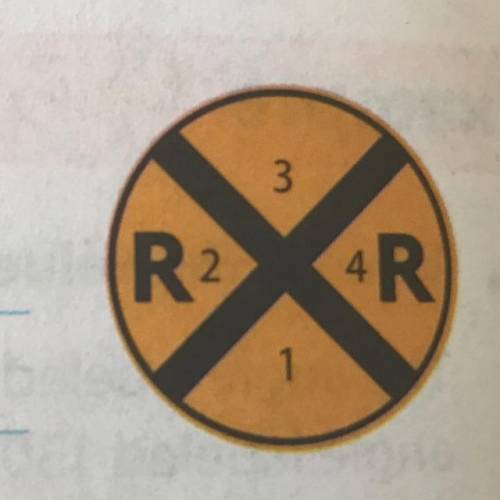 Identify a pair of vertical and adjacent angles on the railroad crossing sign. Justify your answer.