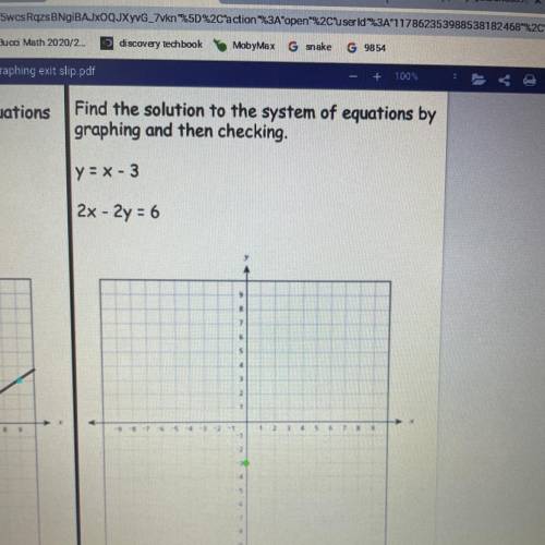 Find the solution to the system of equations by

graphing and then checking.
y = x - 3
2x - 2y = 6