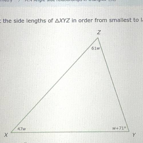 i need help with this since it’s due tomorrow, listing the side lengths of XYZ in order from smalle