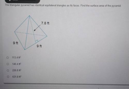 The triangular pyramid has identical equilateral triangles as its faces. Find the surface area of t