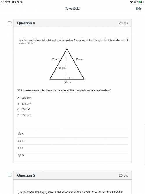 wich measurement is closest to the area of the triangle in square inches?? and help me with the oth