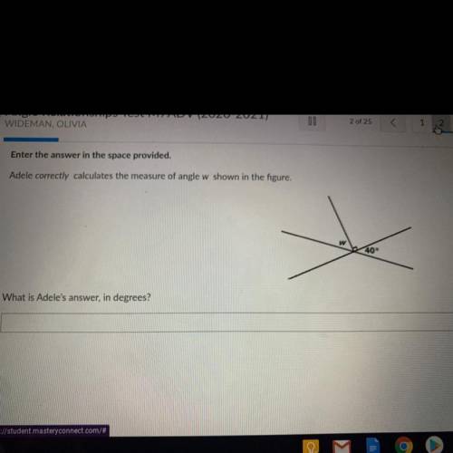 Adele correctly calculates the measure of angle w shown in the figure