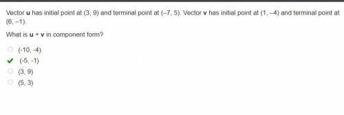 Vector u has initial point at (3, 9) and terminal point at (–7, 5). Vector v has initial point at (