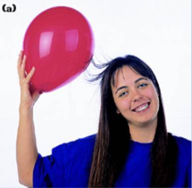 In this picture, the girl has rubbed the balloon on her hair, and now there is a force of attractio