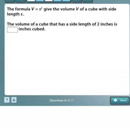 The formula V = s3 give the volume V of a cube with side length s.
