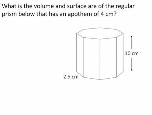 (Geometry question) What is the volume and surface are of the regular prism below that has an apoth
