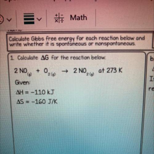 Calculate g for the reaction below 2no+o2 2no at 273k