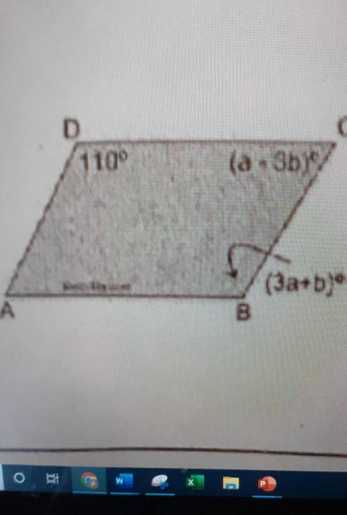 Given parallelogram ABCD, labeled as shown Find a and b. a-3b, 110, 3a+b