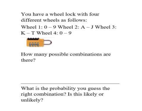 You have a wheel lock￼ with four different wheels as follows: Wheel 1: 0-9 Wheel 2: A-J Wheel 3: K-