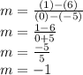 m = \frac{(1)-(6)}{(0)-(-5)} \\m = \frac{1-6}{0+5} \\m = \frac{-5}{5} \\m = -1