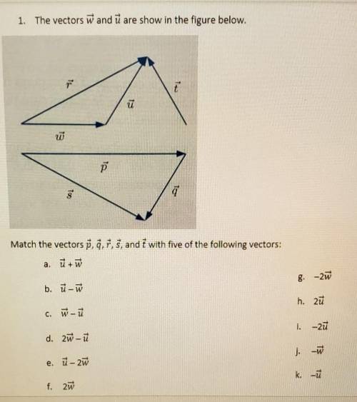 The vectors w and u are shown in the figure below.

Match the vectors p, q, r, s and t with five o