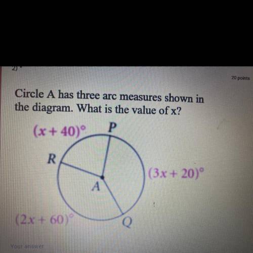 Circle A has three arc measures shown in

the diagram. What is the value of x?
(x + 40)
P
R
(3x +