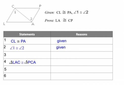 What is the statement for step 3?

A. LA congruent to PC
B. angle L congruent to angle P
C. CA con