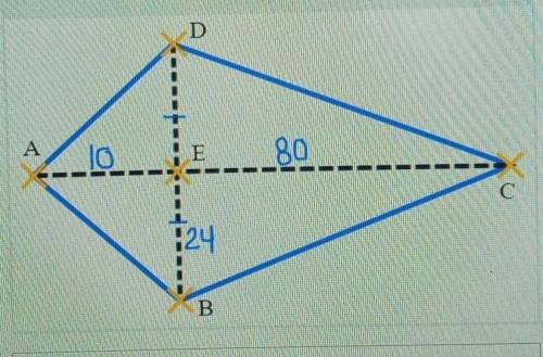 Consider the figure of kite ABCD. Segment EA is 10 units, EC is 80 units, and EB is 24. Determine t