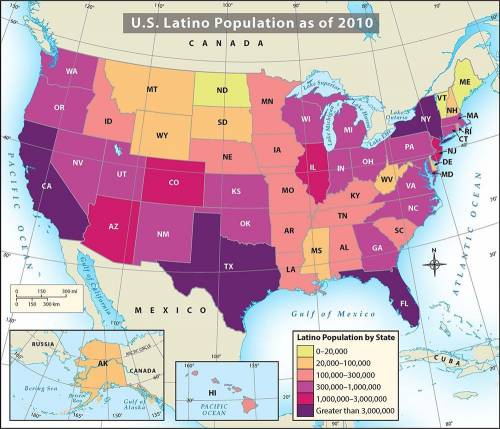 According to the map, which of the following states had the largest Latino population in 2010?
