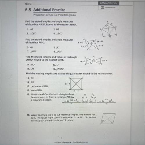 6-5 additional practice properties of special parallelograms

the answers are online somewhere i j