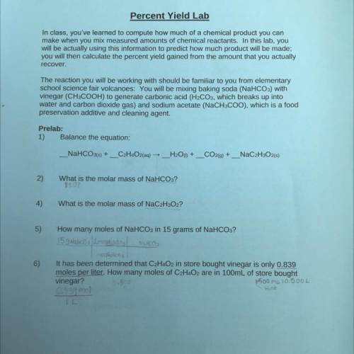 Percent yield lab.i need help with all of these questions.please show work so i can understand
