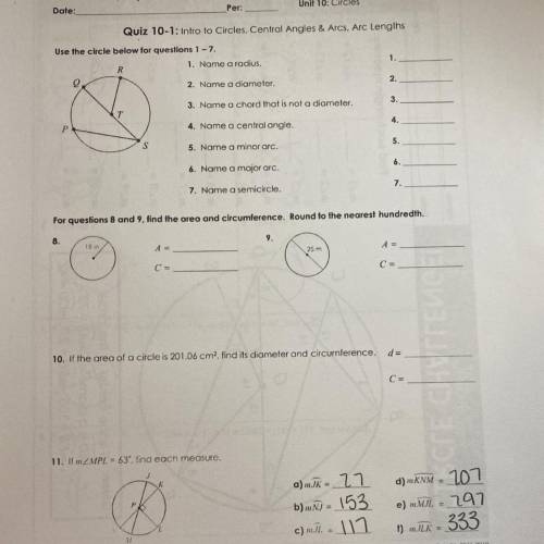 Quiz 10-1: intro to circles, central angles and arcs, arc lengths?