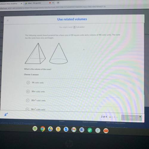 The following square-based pyramid has a base area of 30 square units and a volume of 96 cubic unit