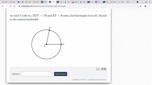In circle T with m∠STU=78 and ST=8 , find the length of arc SU. Round to the nearest hundredth.