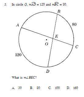 In circle O, mAD = 120 and mBC= 80. What is mBEC? :0 ;(