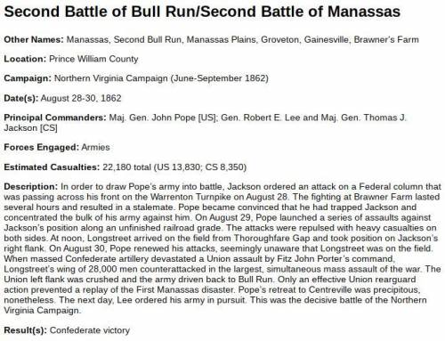 I need help, my project is late!! Can someone summarize the second battle of Bull Run for me? I've